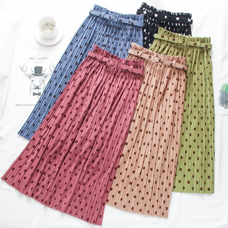 Pleated polka dots belt skirt saia autumn winter