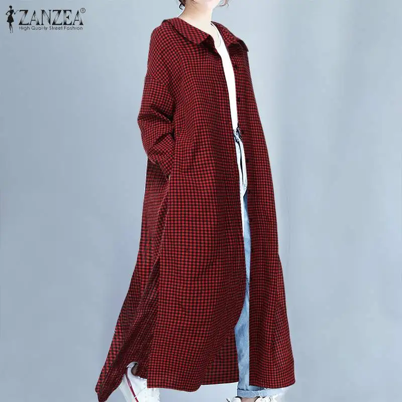 ZANZEA, Модный женский длинный кардиган в клетку, для офиса, леди, хлопок, лен, рубашка в клетку, блузка, повседневная, на пуговицах, туника, топы, блузы