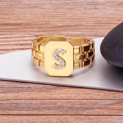 Arrival Fashion Gold Color Initial Ring Open Design Adjustable Hot Sale Watchband Chain A-Z Letters Zircon Rings For Women