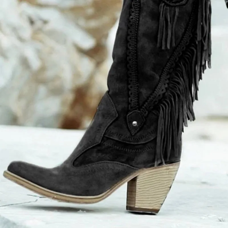 Женские ботинки с бахромой; коллекция года; ботинки до середины икры на низком каблуке в богемном стиле; ковбойские ботинки с бахромой; женские ботинки; сезон осень-зима; Прямая поставка