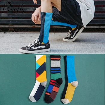 

PEONFLY Novelty 2020 Autumn Winter Socks Men Colorful Geometry Thick Compression Socks Towel Bottom Calcetines Happy Socks