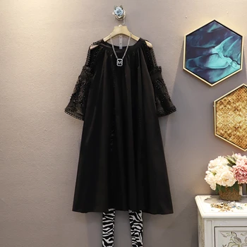 

Solid Hollow-out O Neck Flare Sleeve A-line Dresses 2020 Summer New Korean Mid Length Loose Big Size Womens Dresses