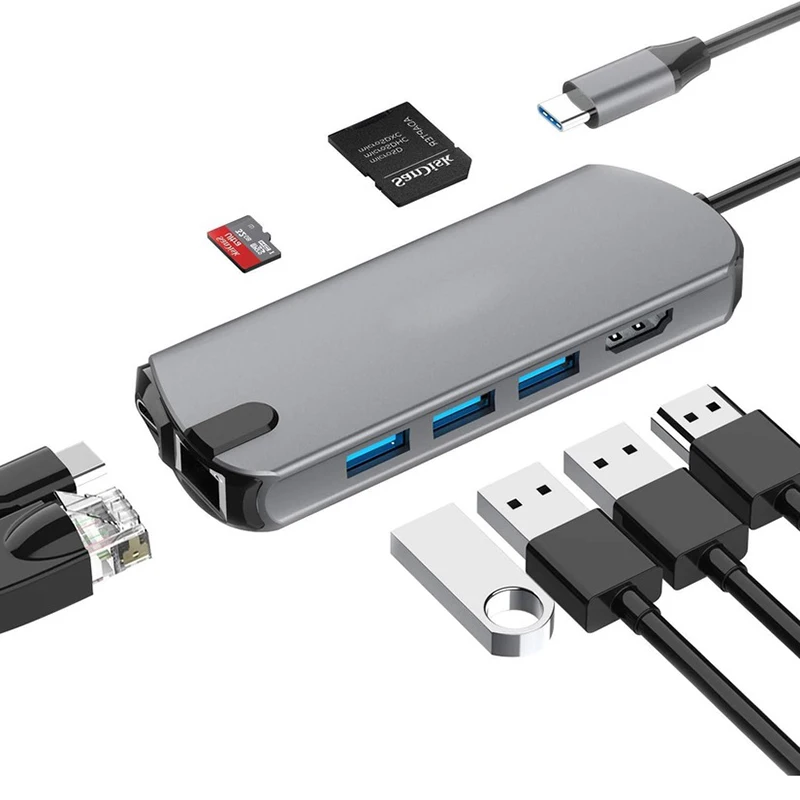 Basix Type C к RJ45 Gigabit Lan Ethernet HDMI адаптер SD TF кардридер USB 3 0 концентратор для MacBook Samsungs10