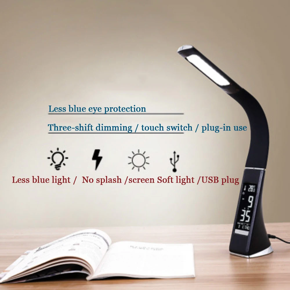 

LED Desk Lamp Eye Protect Dimmable LED Reading Table Lamp Light RGB Touch Control Calendar Alarm Clock Temperature Lamp