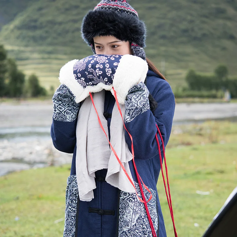 

2018 New Style Autumn And Winter Cotton Linen WOMEN'S Dress National Wind Cotton Overcoat Hooded Joint Printed Cotton Coat