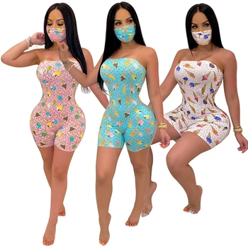 

Fashion Women Ladies Elegant Floral Print Bodysuit Strapless Crop Top Sexy Ice Cream Sleeveless Summer Playsuit Clothes