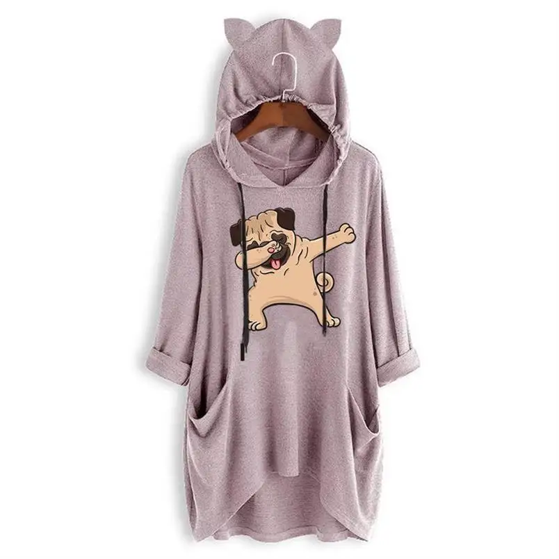 

2019 Fashion T-Shirt For Women Mid Sleeve Hooded T-Shirt Dog Animal Print Top Tshirt Harajuku T-Shirt Female Graphic Tees Women