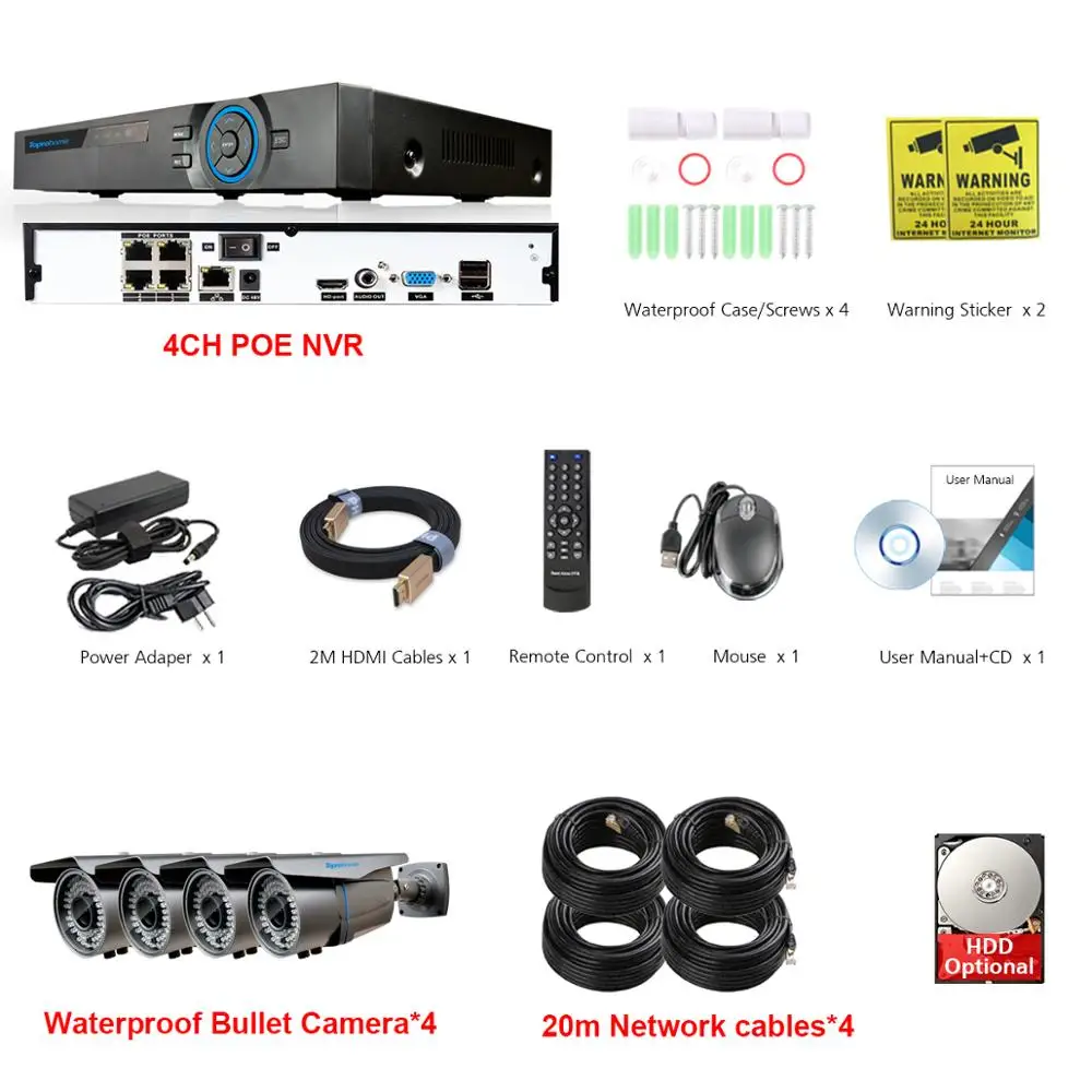 4 Camera with Cables TOPROHOMIE H.265 4CH 5MP POE система NVR 4 шт. 48 В 4MP 2,8 мм-12 мм моторизованный зум POE IP для камеры наблюдения комплект - Цвет: 4 Camera with Cables