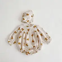 

2022 Spring New Baby Cartoon Bear Print Bodysuit Summer Newborn Cotton Linen Clothes Cute Baby Boy Jumpsuit + Hat 2pcs Outfits
