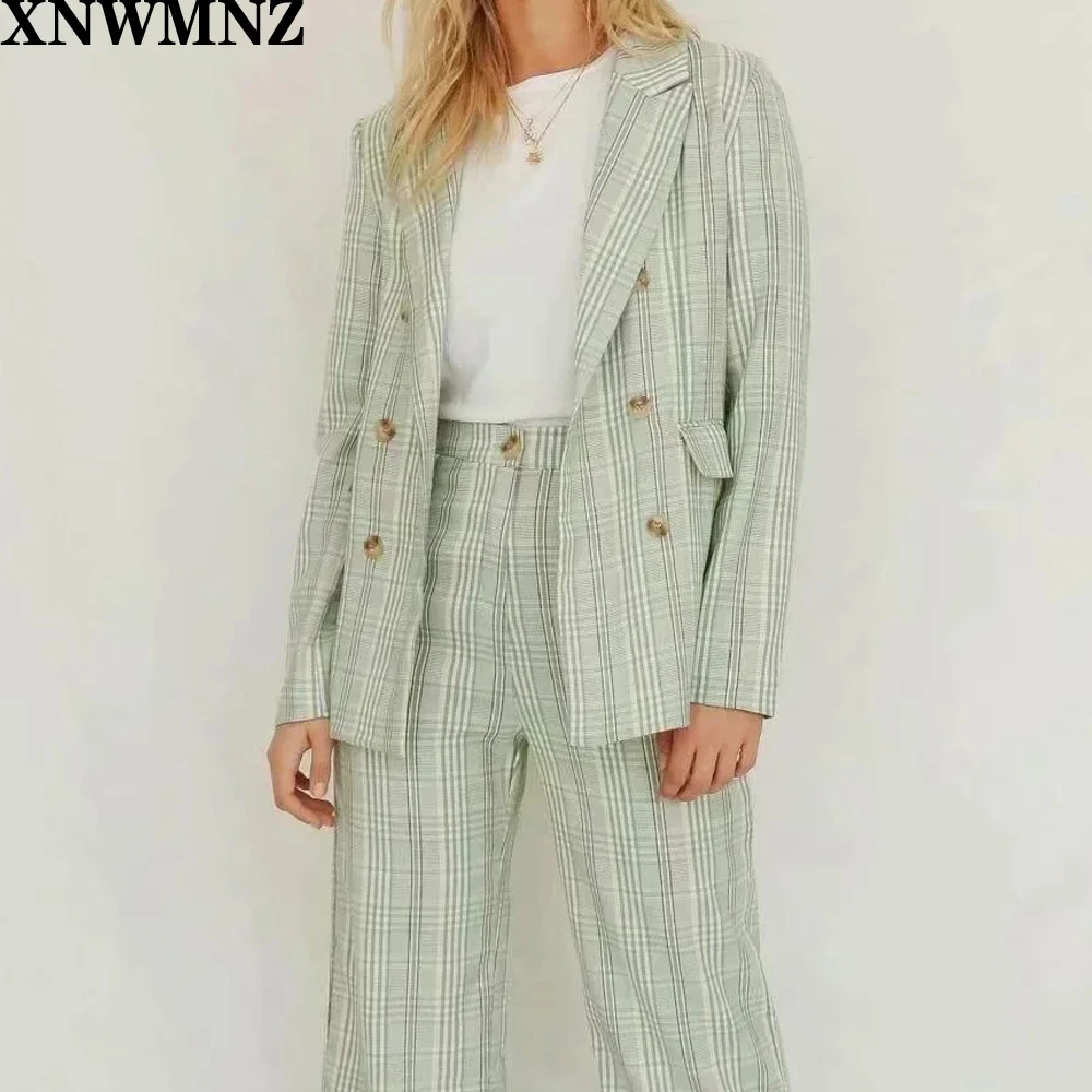 

XNWMNZ Za women Fashion Autumn Plaid Blazers and Jackets Work Office Lady Suit Slim Double Breasted Business Female Blazer Coat