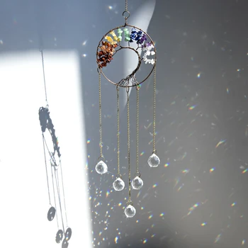 

H&D Crystal Ball Prisms Suncatcher Pendant Chakra Tree of Life Decor Pendant Rainbow Maker Window Hanging Ornament Garden Decor