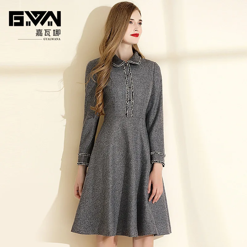 

GYALWANA 2019 New Winter Dress Women's Gray Peter Pan Collar A-line High Quality Clothing Elegant Dress