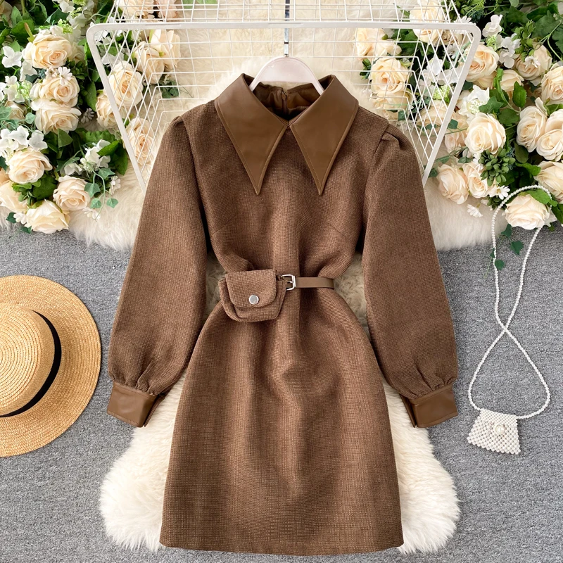 Women Dress 2020 Autumn Winter Korean Clohtes with Waist Bag Vintage Elegant Casual Long Sleeve Solid A-Line Black Short Dress