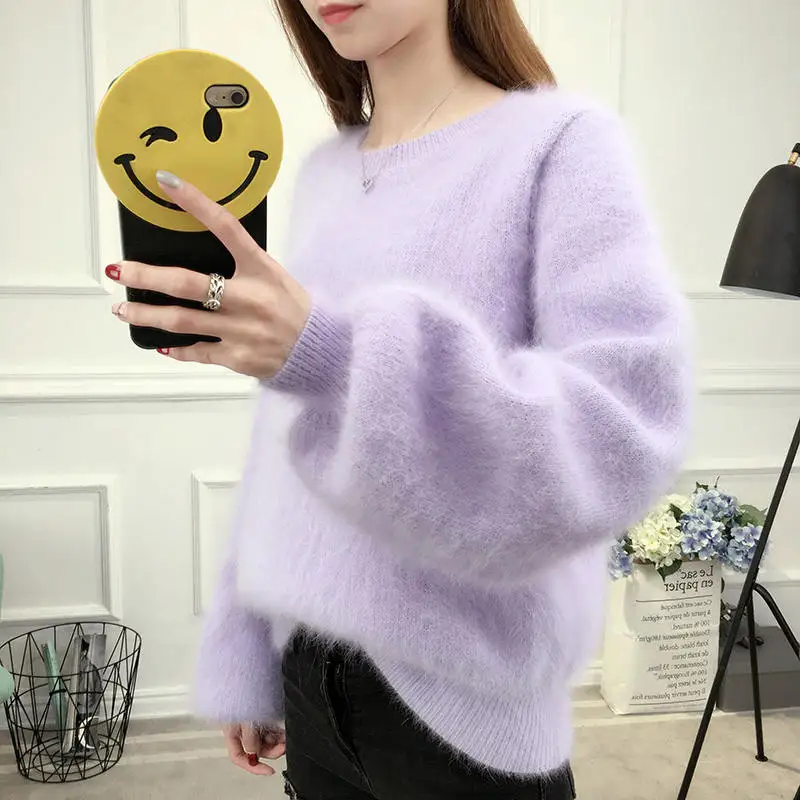 

Autumn Winter Thicken Lantern Sleeve Pullover Knitted Warm Plush Sweater Faux Mink Cashmere Women Sweater Women Pullovers HK178