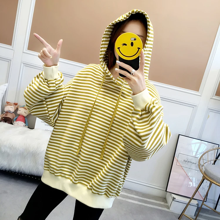 HAYBLST бренд женские толстовки осень зима мода полосатый пэчворк Kawaii Свободные топы Плюс Размер XL корейский стиль Женская одежда s