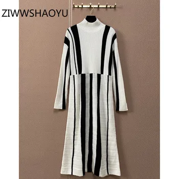

ZIWWSHAOYU Fashion Women Autumn Winter Designer Wool Knitting Dress Elegant Long Sleeve Black White Sweater Dresses