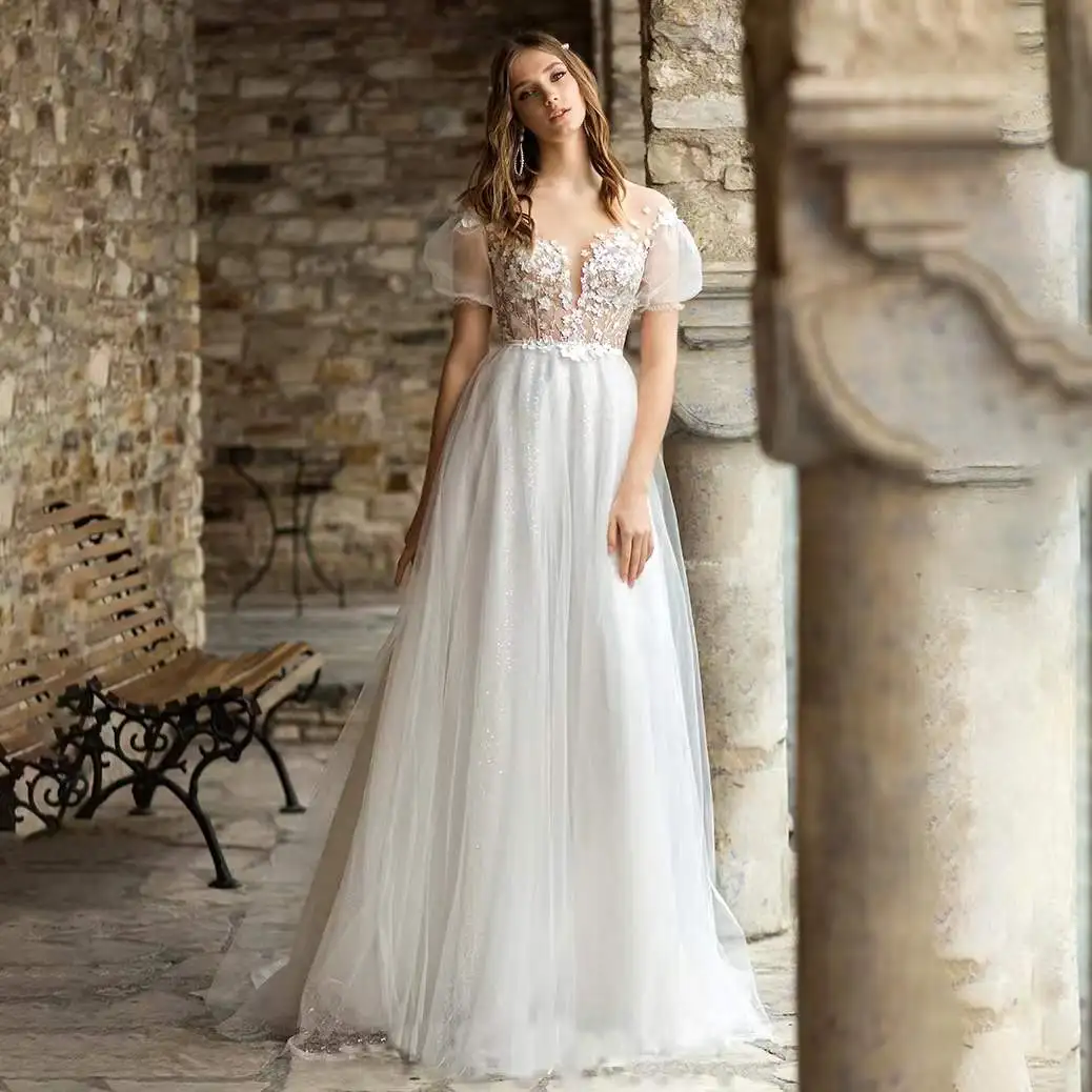 A-Line Abito Da Sposa O-Collo Appliques Di Pizzo Manica A Sbuffo Illusione Indietro Abito Da Sposa Abito Da Sposa Sexy Abito Da Sposa Abito Da Sposa