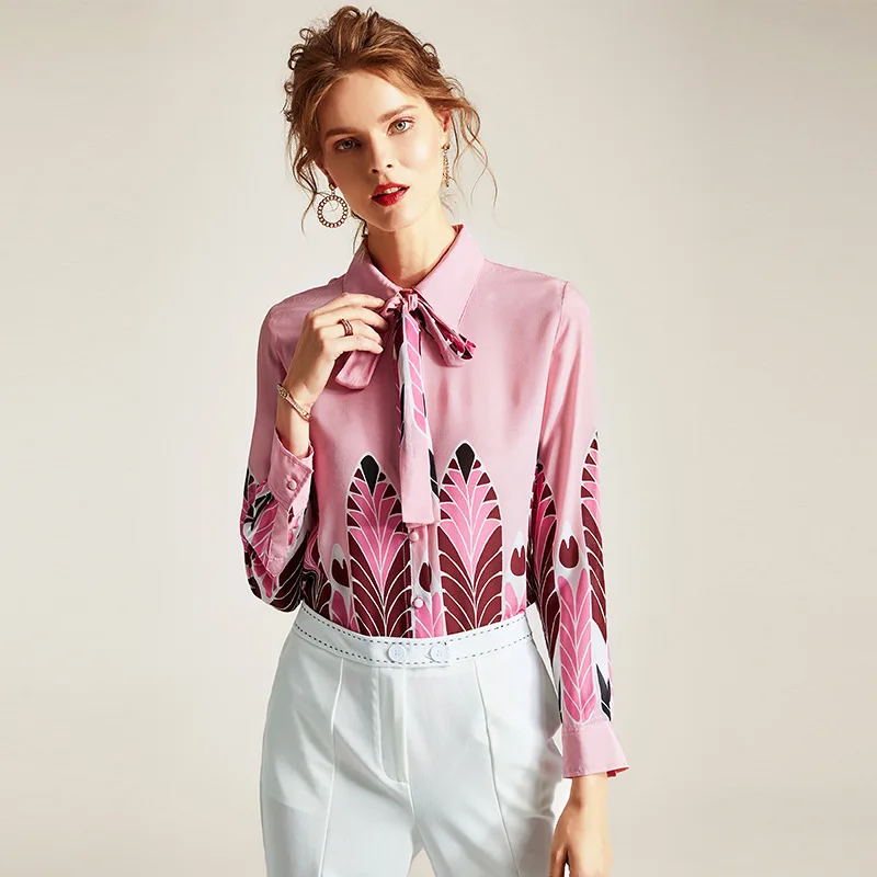 

Pink Women Blouse 100% Natural Silk High Quality Womens Shirts Print Bow Office Lady Blusas De Oficina Verano 2020 new tops