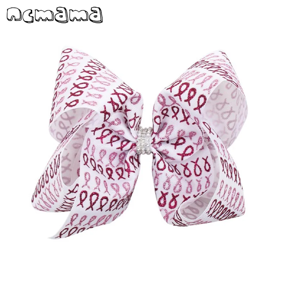 

2019 Breast Cancer Awareness 7'' Hair Bows for Girls with Clips Glitter Printed Bowknot Hairgrips Party Kids Hair Accessories