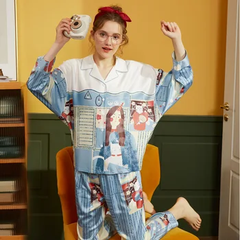 

New Arrivals Women Girl Silk Cartoon Printed Long Sleeves Lapel Button Top And Long Pants Pajamas Two Sets Shirt Pajamas Casual