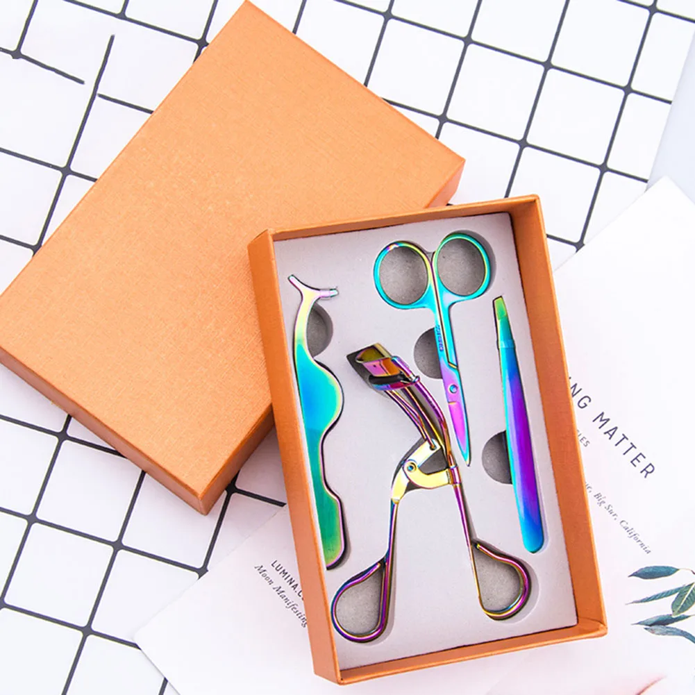 

4pcs Eyelash Makeup Tools Set Mini Eyelash Curler False Eyelashes Extension Tweezers Scissors With Storage Box F26