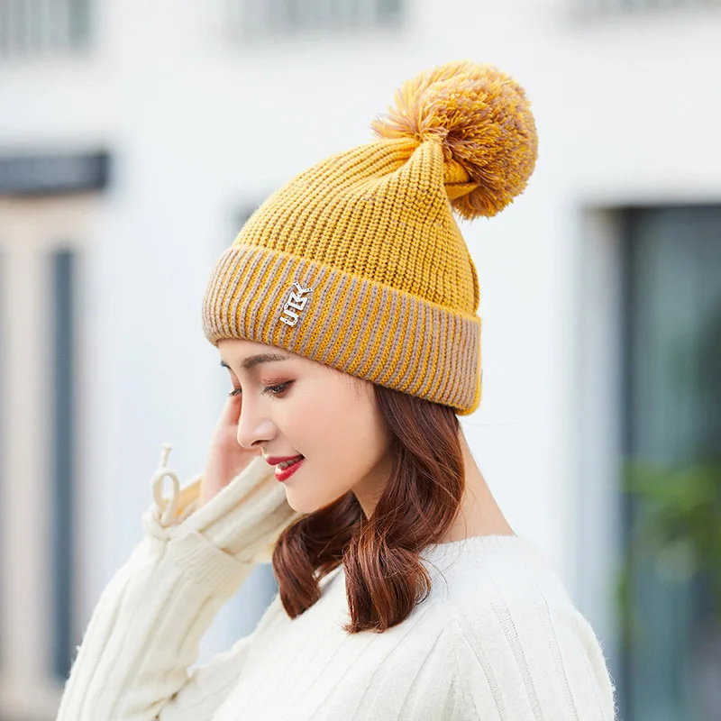 yellow Модные шарик-помпон, зимние шапки для женщин, шапочки, шапка для девочек, Вязаная хлопковая теплая шапка, шапки, меховые, повседневные, Gorros, пэчворк - Цвет: yellow