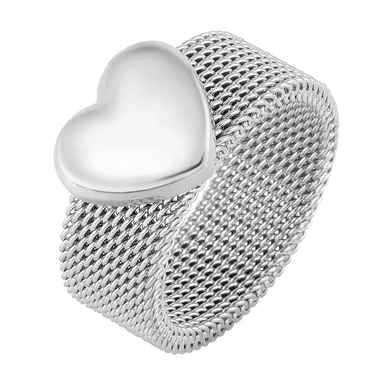 Stainless Steel Gold Color Ring Heart Shape Mesh Rings For Men Women Lover Jewelry Gift