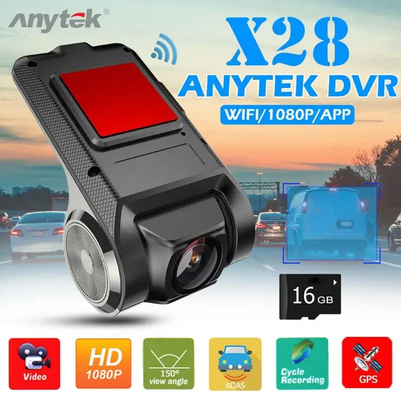 Anytek X28 Full HD 1080P Автомобильный видеорегистратор камера WiFi ADAS 150 объектив Dashcam+ 16 ГБ TF Карта Full HD камера с 1920x1080@ 30fps