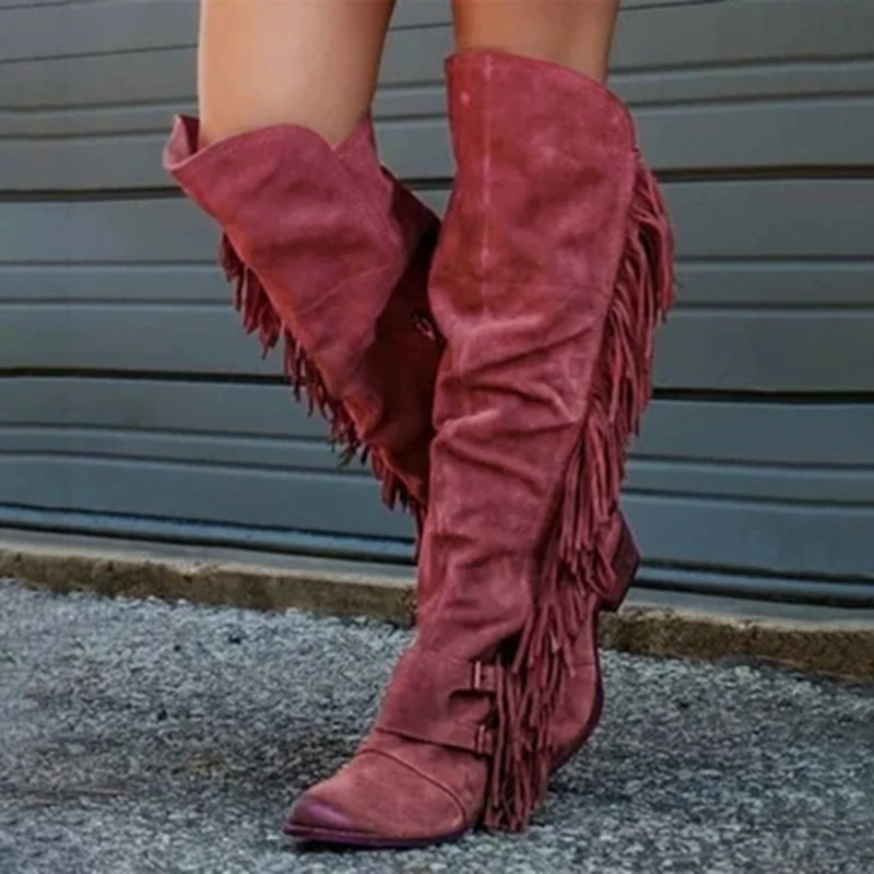 Puimentiua Women Shoes Fashion Tassel High Heels Knee High Boots Solid Flock Leather Slip-On Long Spring Autumn Boots