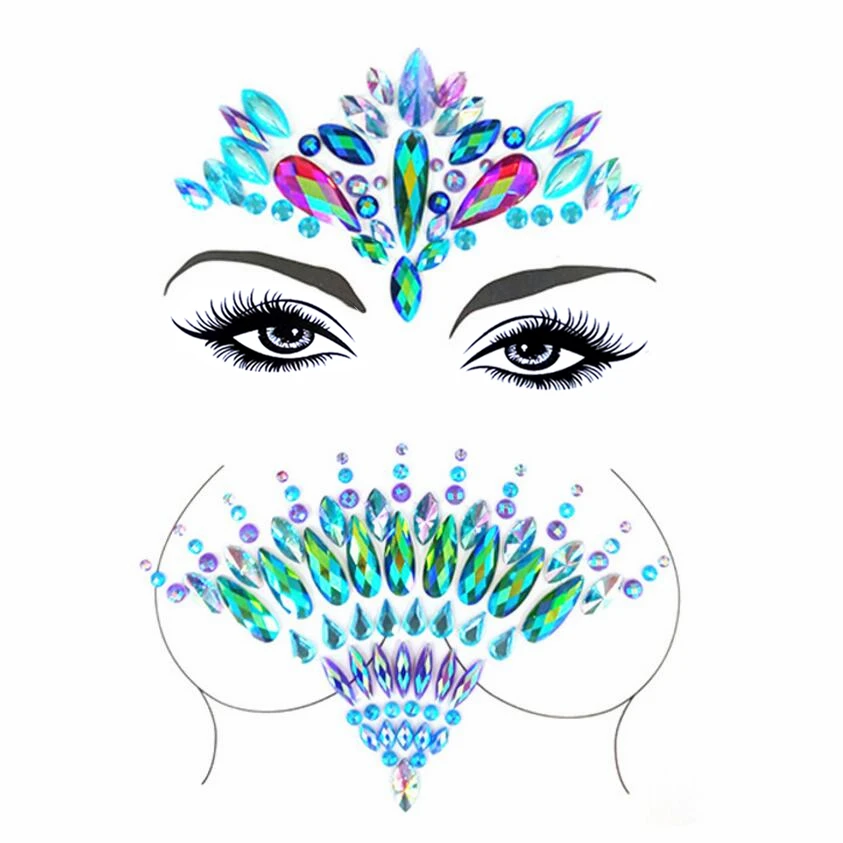 

Women Glitter Body Sticker Nipple Cover Face Eyes Jewels Chest Pasties Sexy Wedding Party Cosplay Makeup Rhinestone Gems 2 piece
