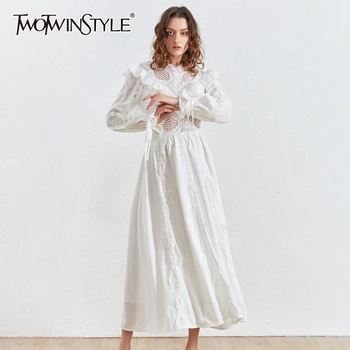 

TWOTWINSTYLE Pacthwork Ruffle Hollow Out Dress Women V Neck Lantern Long Sleeve High Waist Ruched Dresses Female Fashion Clothes