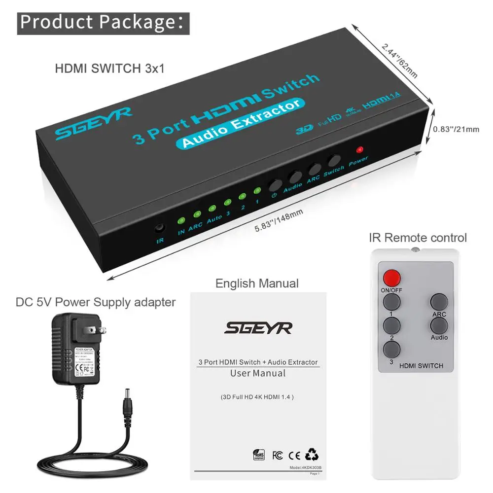 HDMI Switch 3x1Audio SGEYR 3x1 HDMI коммутатор с аудио выход оптический SPDIF 3 порта HDMI аудио коммутатор коробка селектор аудио экстрактор сплиттер 4 к x 2 к ARC 3D - Цвет: HDMI Switch 3x1Audio