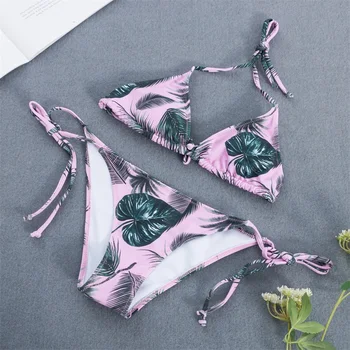 

2020 New Sexy Leaves Print Bikini Women Triangle Bralette Swimsuit Backless Halter Swimwear S-L Girl Side Tied Bottom Bikini Set