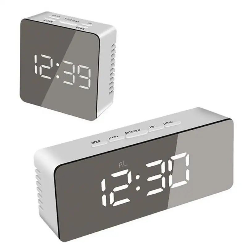 

LED Electronic Alarm Clock USB Digital Mirror Clock Morning Table Clock Wake Up Light Time Temperature Display Home Decoration