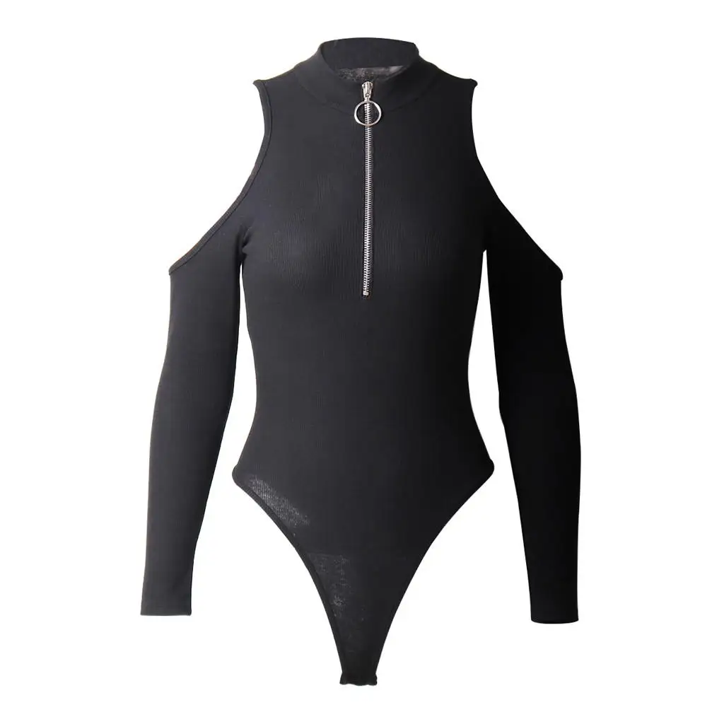 Black Black Front Bodysuit Sexy Long Sleeve O-neck Off Shoulder Zipper Tight Plain Skinny Bodysuits Women Stretchy Minimalist Bodysuit - Цвет: Black