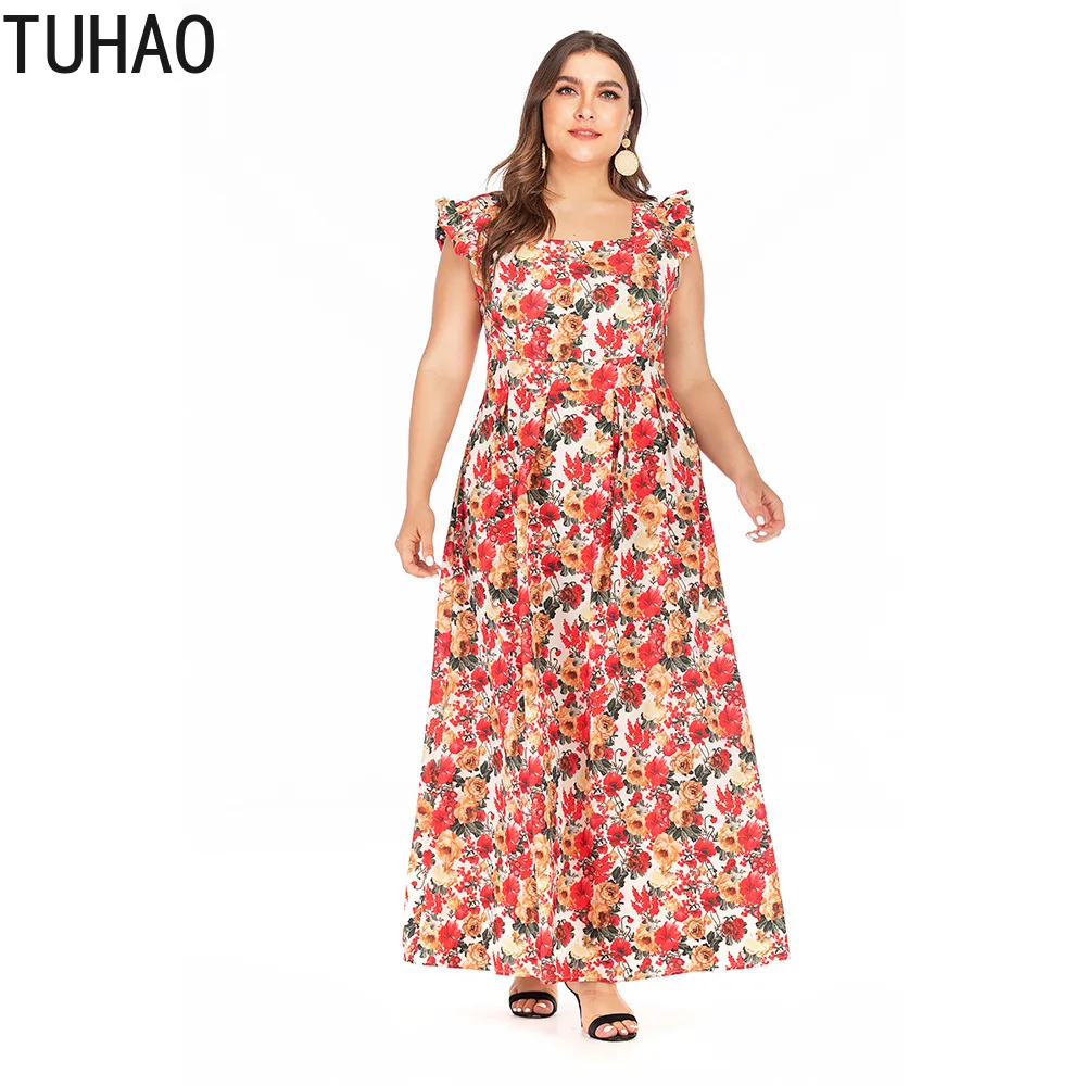 TUHAO 2019 летние длинные платья для женщин богемные пляжные Большие размеры 5XL 4XL 3XL красное винтажное платье с цветочным принтом платье с