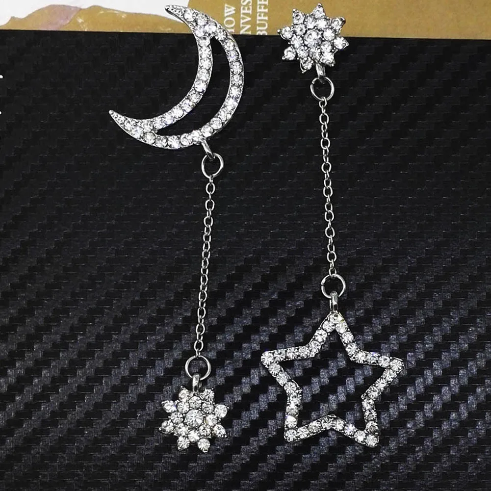 

New Hollow Zircon Stars Moon Asymmetrical Stud Earrings Fashion Small Fresh Snowflake Tassel Long Section Earrings For Women