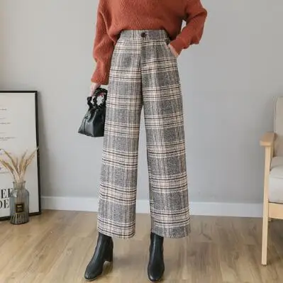 Khaki REALEFT Женские клетчатые широкие брюки повседневные зимние толстые теплые шерстяные брюки новые женские свободные длинные брюки женские шикарные Femme - Цвет: Khaki