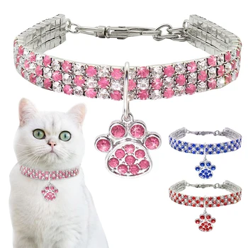

Pet ID Collar Shining Diamond Rhinestone Cat Collar Puppy Baby Dog Cat Collar Paw Pattern Strap for Kitten Accessories