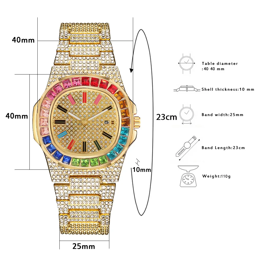 2pcs Bracelet Watches for Men Women Luxury Iced Out Watch Clock HipHop Men Gold Cuban Chain Watch Men Gift Set Relogio Masculino