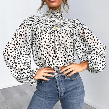 

High Collar Blouse Fashion Ladies Floral Long Sleeve Casual Shirt Top Loose Lantern Sleeve Printed Turtle Neck Blouse Shirt Top