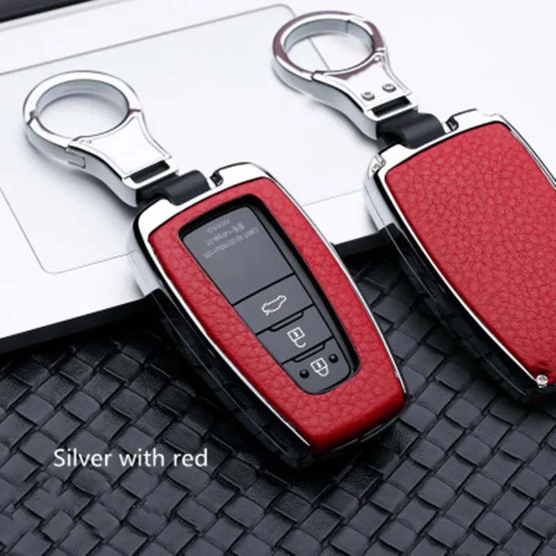 Чехол для ключей автомобиля из сплава+ кожи, держатель для Toyota Prius CHR C-HR Camry, защитный чехол для ключей с дистанционным управлением - Название цвета: silver withe red
