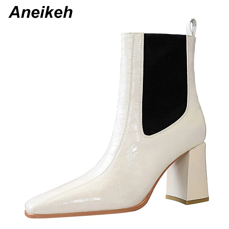 Aneikeh Women's Winter Boots 2020 Sewing Fashion Casual Retro Patchwork Elastic Band Concise Wedding Chelsea ANKLE Ladies Shoes