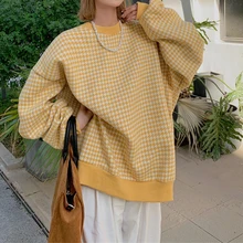 

Houndstooth O-Neck Long Sleeve Sweatshirts Woman Fashion Loose Casual Women's Pullover Winter Plus Velvet Thickening Top Ladies