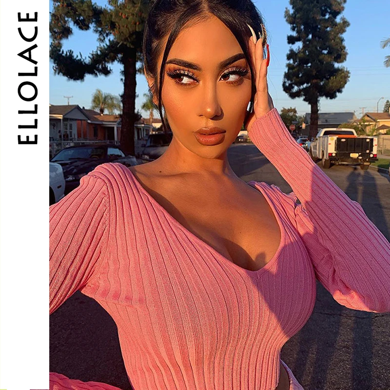 

Ellolace Deep-V Neck Knitting Ribbed T Shirts Off Shoulder Long Sleeve Solid Tops Autumn Basic Tee 2019 Cotton Soft Slim T-shirt