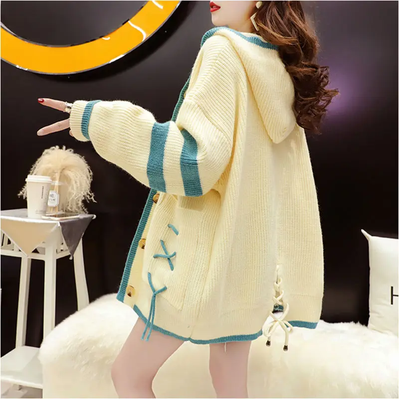 

Трикотажная куртка с капюшоном для женщин; Новинка 2023 года; Сезон весна-осень; Свитер; Кардиган в Корейском стиле; Повседневная универсальная куртка в западном стиле