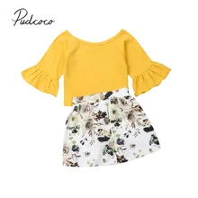 Коллекция года, летняя одежда для малышей Одежда для новорожденных девочек Футболка с расклешенными рукавами Топ с цветочной мини-юбкой, комплект одежды, От 6 месяцев до 4 лет