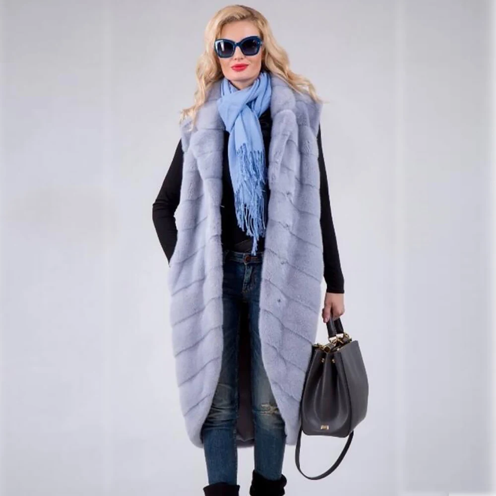 110cm long blue Warm Real Mink Fur Coat Women Winter Gilet Vest Wrap Cloak With hood NEW Jacket Overcoat Female Ladies Fashion Furs Jacket - Color: 110cm long blue