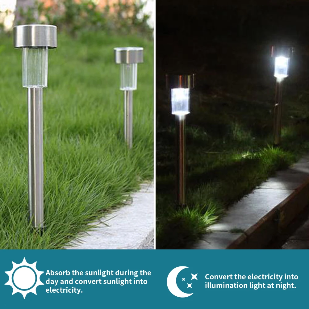 10pcs/lot Stainless Steel LED Solar Lawn Light For Garden Decor Outdoor Waterproof Bollard Solar Stick Lights White Lamp
