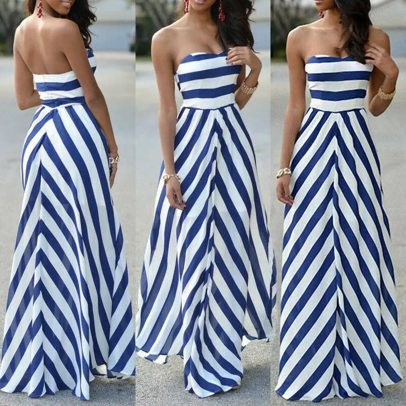 blue and white striped strapless dress